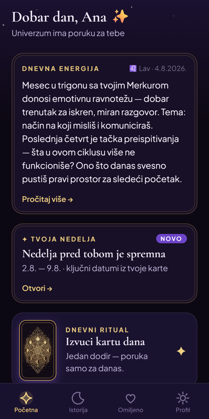 Početni ekran aplikacije Astro 365 sa dnevnom energijom